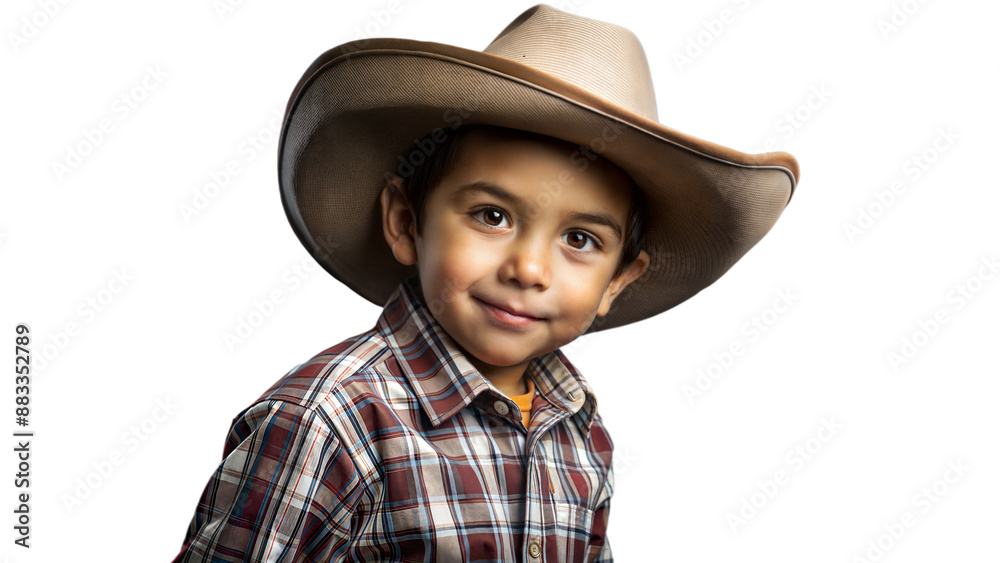 Young Boy Wearing Cowboy Hat and Plaid Shirt Smiles for the Camera Young Boy Wearing Cowboy Hat and Plaid Shirt Smiles for the Camera