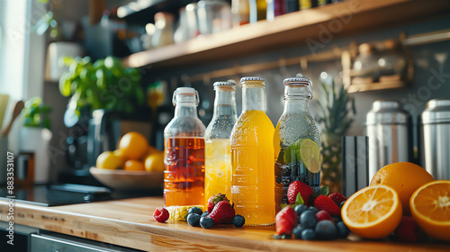 Assorted functional beverages on a kitchen counter.. photo