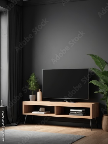 Mockup of a Black TV Frame in a Modern Family Lounge, 3D Render with a Blank White Screen. Modern Cozy Interior Design With Sofa