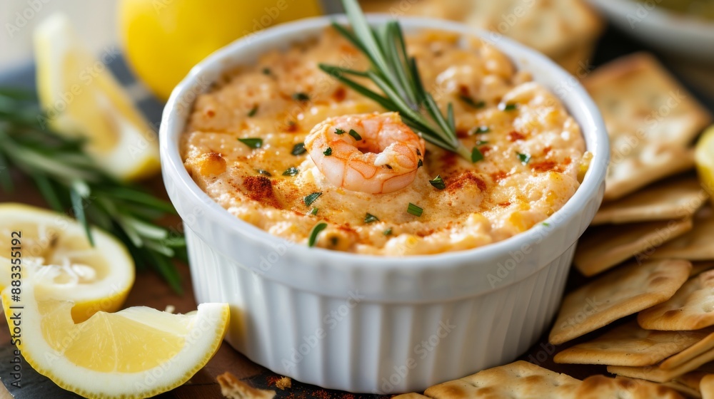 Ramekin filled with spicy seafood dip, surrounded by crackers and lemon wedges Ramekin filled with spicy seafood dip, surrounded by crackers and lemon wedges