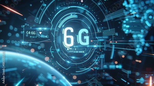 Futuristic design with blue 6G circle and longitudinal lines highlighting technological innovation