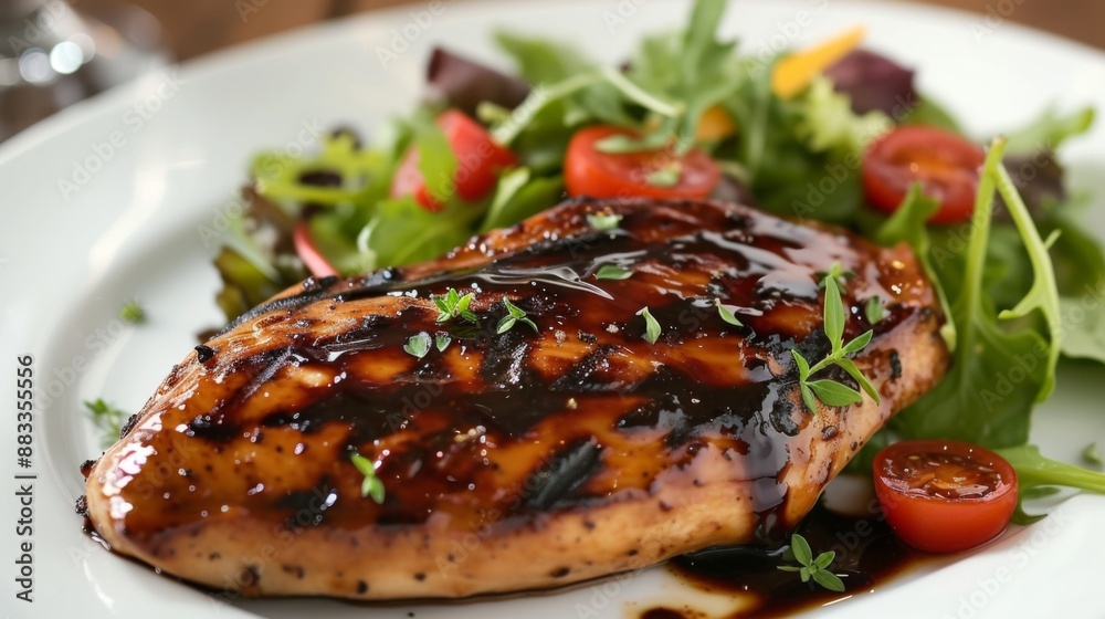 Grilled chicken breast, served with a fresh garden salad on a white plate Grilled chicken breast, served with a fresh garden salad on a white plate
