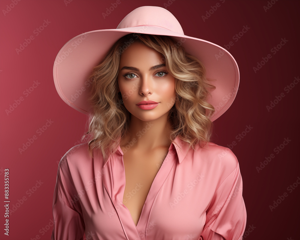 Picture of a beautiful girl wearing a pink fancy hat on a pink background. Picture of a beautiful girl wearing a pink fancy hat on a pink background.