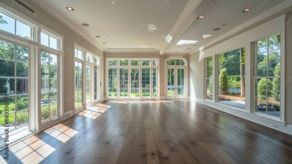 Obraz premium The spacious, open-plan living area of a Suburban Colonial home, with large windows that offer views of the surrounding mature trees and landscaped gardens