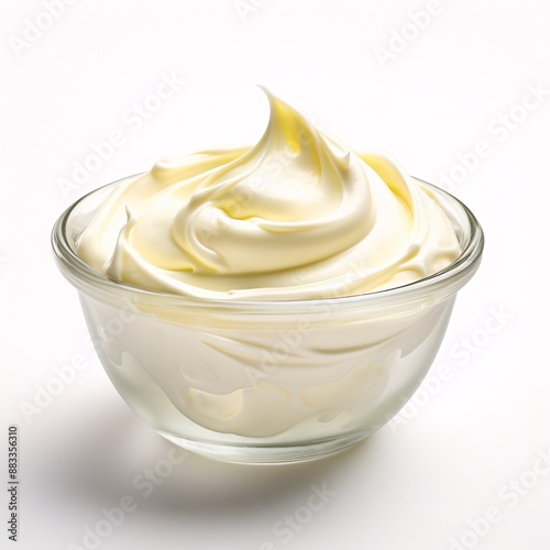 Bowl of cream on white background, top view 