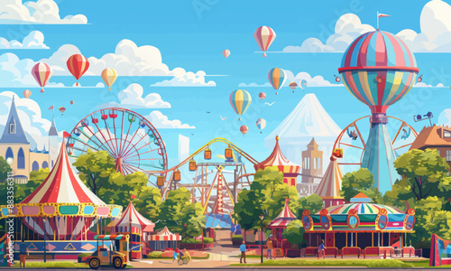 A flat vector of a carnival with rides.