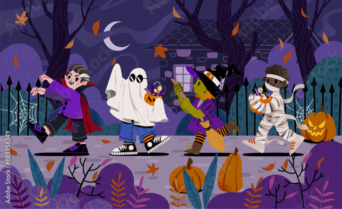 Happy Halloween background. Children in the park dressed in Halloween costume to go Trick or Treating In the moonlight. Spooky Season trendy vector 