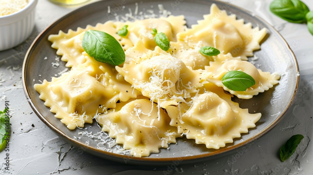 A plate of cheese-stuffed ravioli with a sprinkle of parmesan and fresh basil leaves
