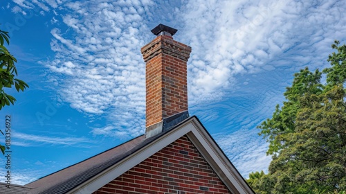 The stately, brick chimney of a Suburban Colonial home, visible above the roofline and adding architectural interest photo