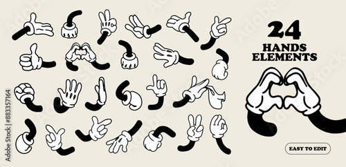 Set of Different Retro Four-Fingered Cartoon Hands. 1930's style vintage cartoon body parts collection. 