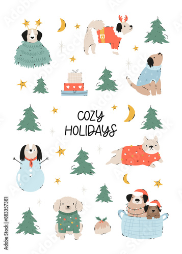 Winter Christmas greeting card with holiday scene and funny dogs. Hand drawn illustration with funny animal characters.