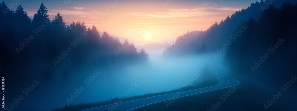 A forest road painting with sun setting beyond trees A forest road painting with sun setting beyond trees