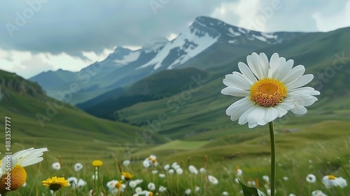   A stunning scene of wildflowers blooming in front of majestic mountain peaks, culminating in a snow-capped summit photo