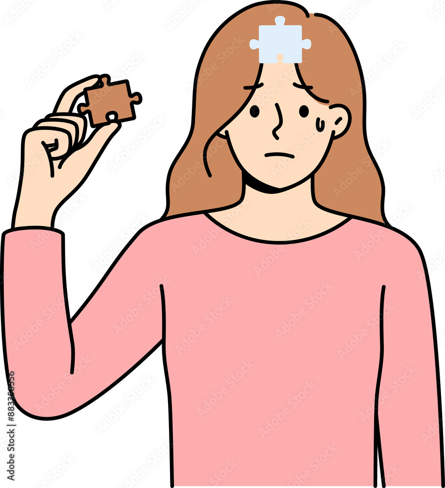 Obraz premium Depressed woman cries, feeling lack of motivation for development, and pulls piece of puzzle out of head. Girl with mental health disorder crying, needing support from friends and boyfriend