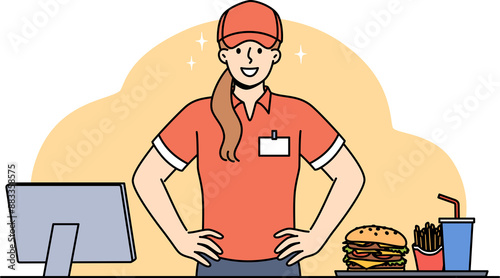 Obraz na plátně Woman fast food cafe worker stands near cash register with monitor and tray with hamburger and drinks