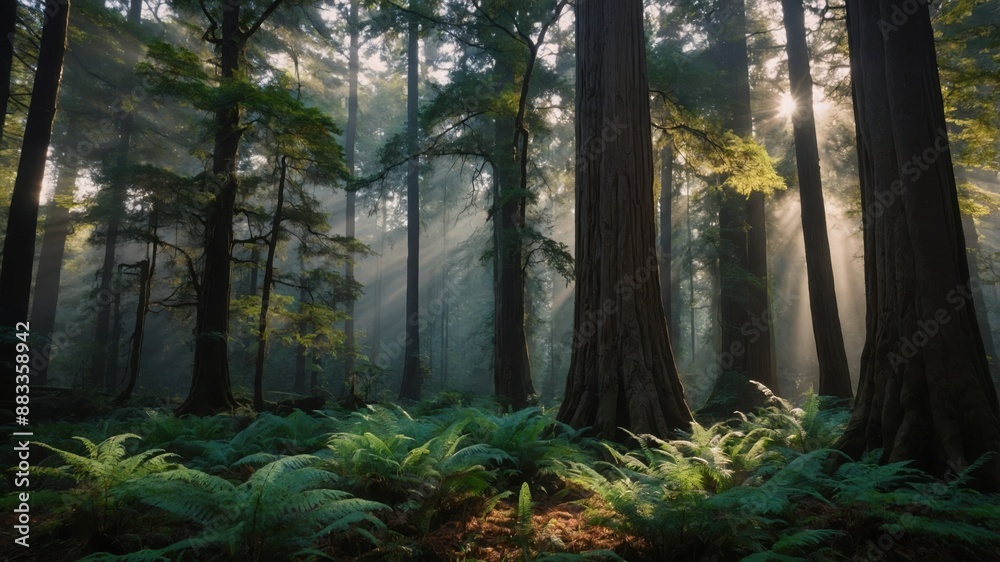 Obraz premium Sunlight Streaming Through Redwood Forest