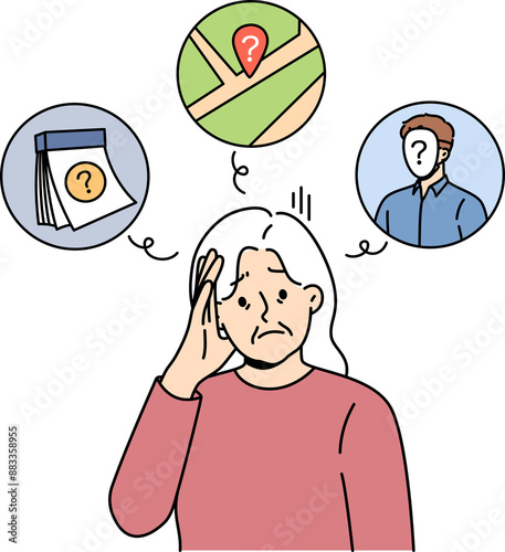 Alzheimer disease or dementia in old woman who forgets dates and faces or gets confused in space. Problem of alzheimer and lack of memory in elderly lady who does not take pills prescribed by doctor