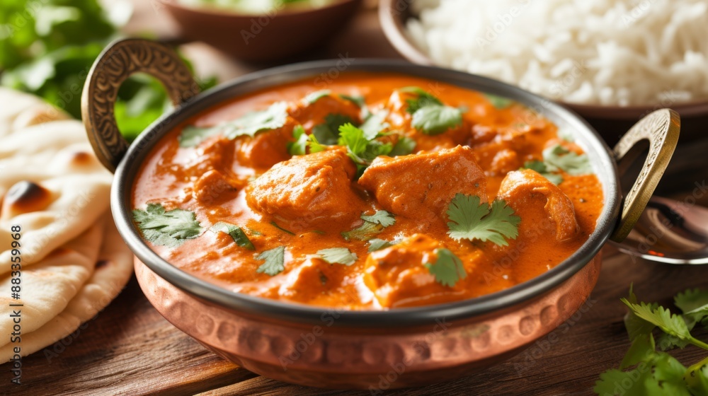 A bowl of creamy chicken tikka masala garnished with fresh cilantro, served with a side of naan bread and basmati rice A bowl of creamy chicken tikka masala garnished with fresh cilantro, served with a side of naan bread and basmati rice