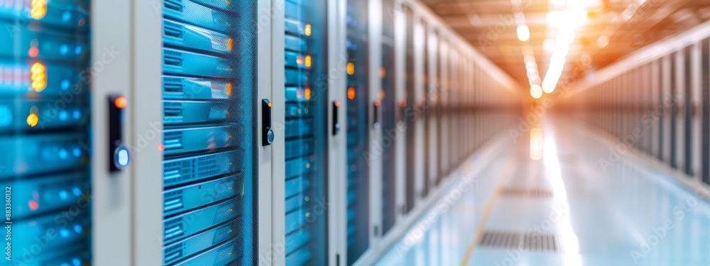 Servers in data center arranged in rows Top row illuminated by bright light Servers in data center arranged in rows Top row illuminated by bright light