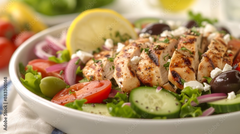 A fresh Greek salad topped with grilled chicken, olives, feta cheese, and a lemon-oregano dressing A fresh Greek salad topped with grilled chicken, olives, feta cheese, and a lemon-oregano dressing
