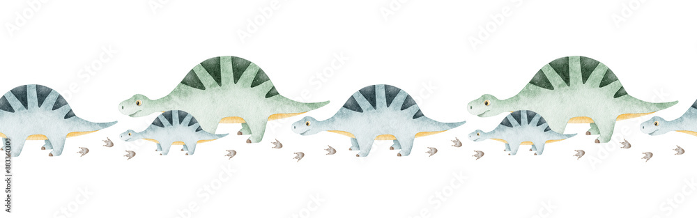 Fototapeta premium Cute blue sauropod dinosaurs and footprints. Childish frame with dinos. Isolated hand drawn Watercolor seamless border for design kid's rooms, scrapbook, textile