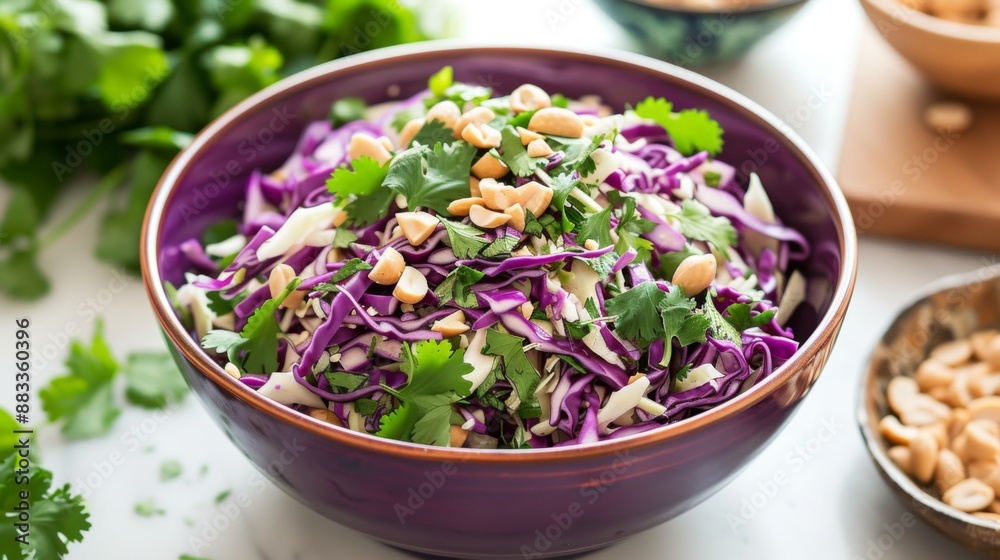 A vibrant bowl of cabbage cole slaw tossed with a creamy peanut sauce
