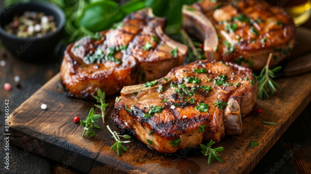 Juicy pork chops on the bone, grilled to perfection and garnished with fresh herbs Juicy pork chops on the bone, grilled to perfection and garnished with fresh herbs