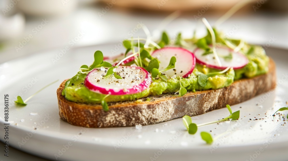 A slice of avocado toast topped with thinly sliced radishes and a sprinkle of sea salt and microgreens A slice of avocado toast topped with thinly sliced radishes and a sprinkle of sea salt and microgreens