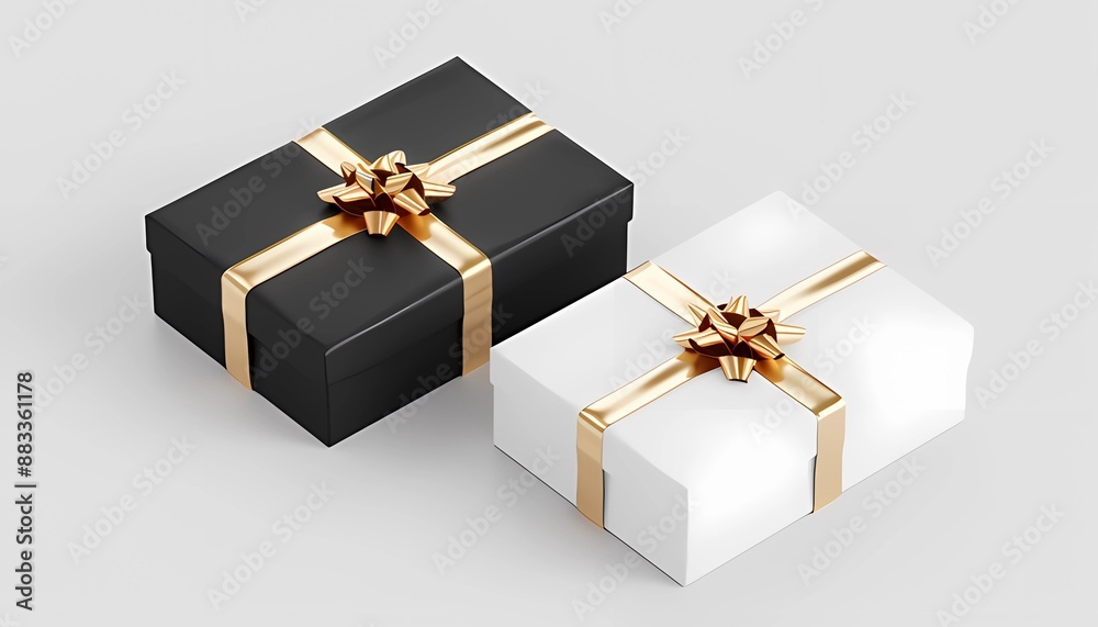 White and black gift boxes with gold bow set isolated on white background White and black gift boxes with gold bow set isolated on white background