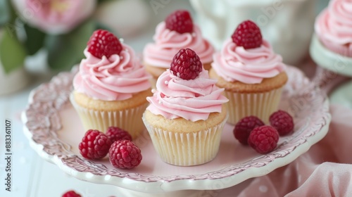 Delicate raspberry cupcakes with creamy pink frosting and fresh raspberries