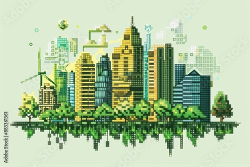 Pixel Art Illustration of Sustainable Project Investments Highlighting Eco-Friendly Initiatives and Financial Growth Through Green Technology and Renewable Energy