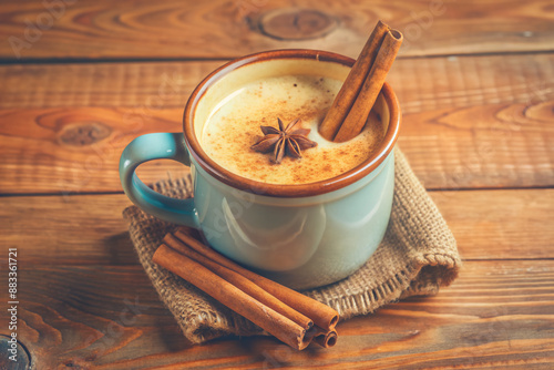 Warm and inviting mug filled with steaming hot buttered rum, garnished with a cinnamon stick stirrer, set against a rustic wooden background, evoking winter comfort.