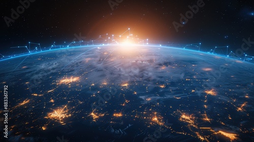 Earth from space, illuminated by a network of neon signals connecting the continents in a futuristic pattern