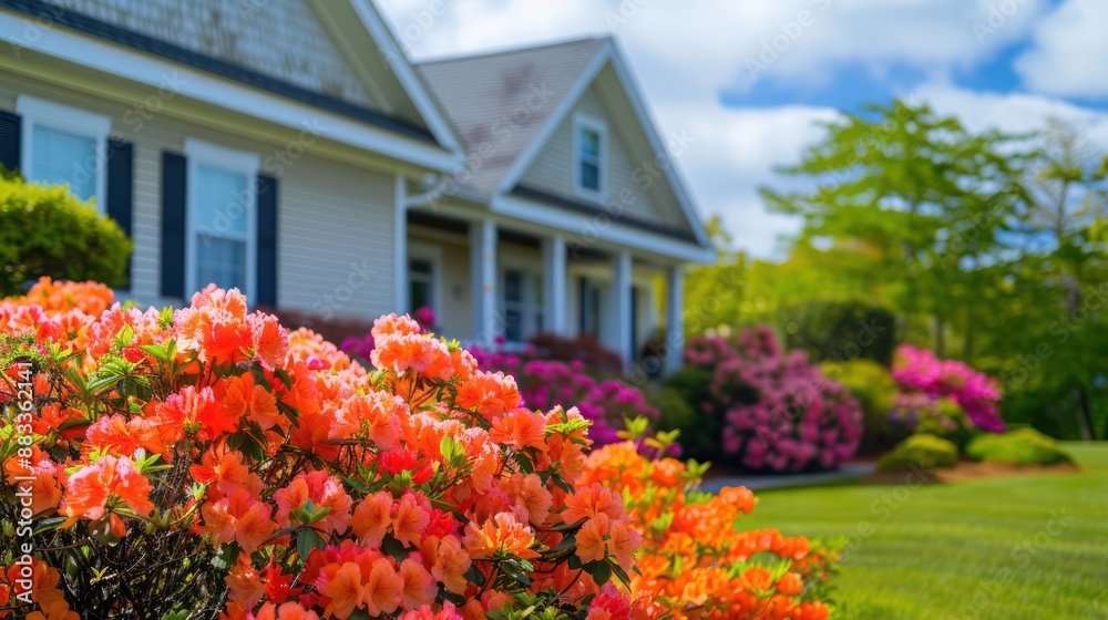 The vibrant, blooming azaleas at the front of a Suburban Cape Cod home, their bright colors enhancing the homea??s simple, elegant lines The vibrant, blooming azaleas at the front of a Suburban Cape Cod home, their bright colors enhancing the homea??s simple, elegant lines