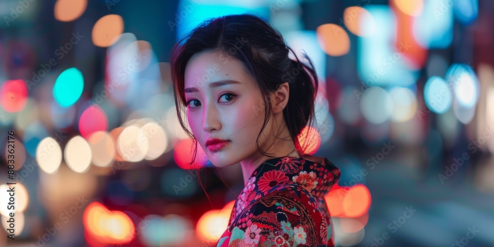 Elegant Japanese Fashion Model in Luxurious Haute Couture, Exuding Sophistication on a City Street at Night. Elegant Japanese Fashion Model in Luxurious Haute Couture, Exuding Sophistication on a City Street at Night.