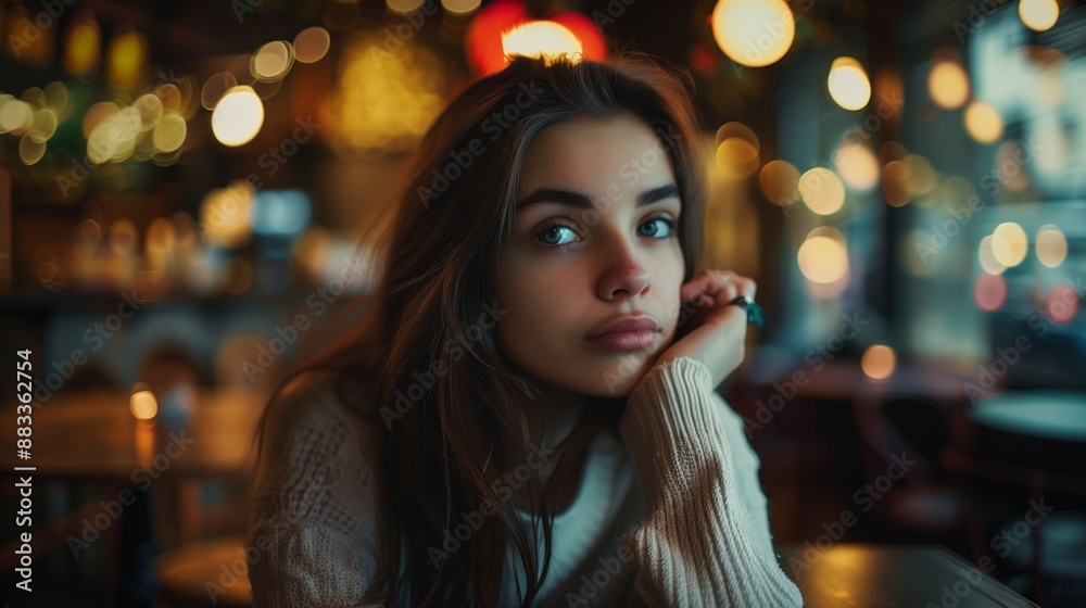 a woman in a cafe, with a soft focus effect highlighting the cozy, ambient lighting and her contemplative expression.