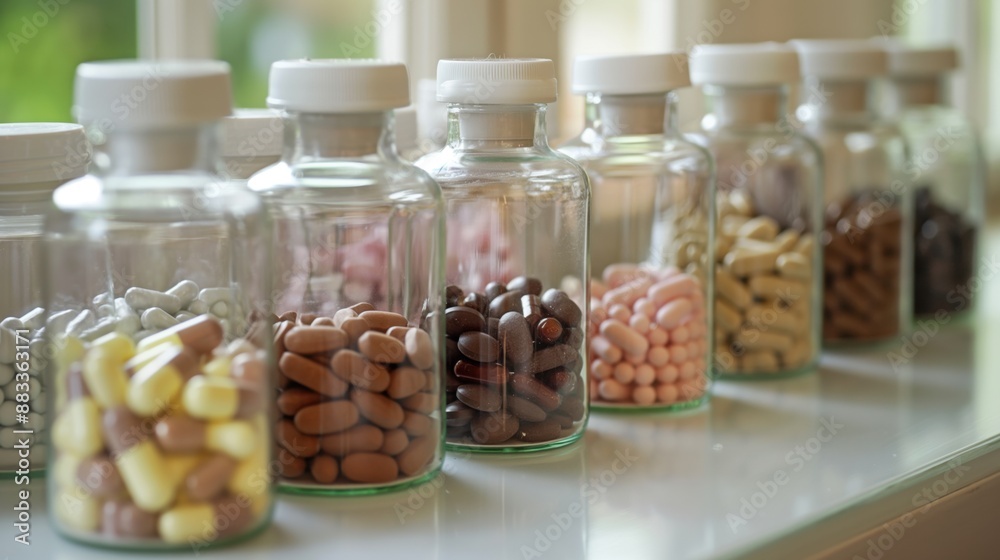 Glass jars filled with various colorful pills and capsules arranged in a row on a white surface by a window. Glass jars filled with various colorful pills and capsules arranged in a row on a white surface by a window.