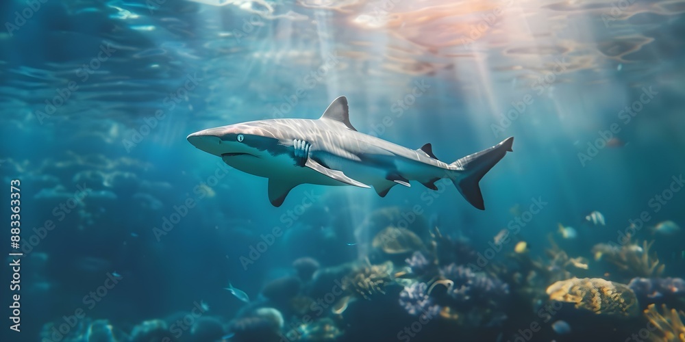 Fototapeta premium Colorful underwater world with a big shark a powerful ocean predator. Concept Underwater Photography, Ocean Wildlife, Shark Encounters, Colorful Marine Life, Predatory Animals
