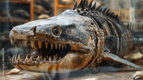 A detailed close-up of a prehistoric aquatic creature's fossilized skeleton showcasing its sharp teeth and spiny back, displayed in a museum exhibit