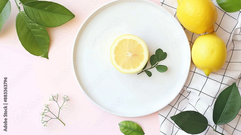 A pink plate features a halved lemon atop a green plant A pink plate features a halved lemon atop a green plant