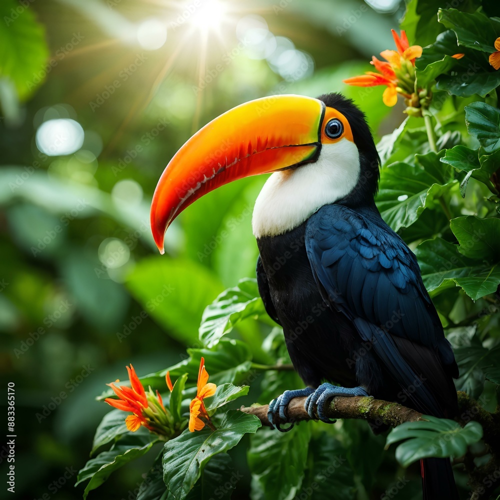Toucan on branch, colorful beak, black feathers, lush foliage, vibrant flowers, sunlight, clear sky. Toucan on branch, colorful beak, black feathers, lush foliage, vibrant flowers, sunlight, clear sky.