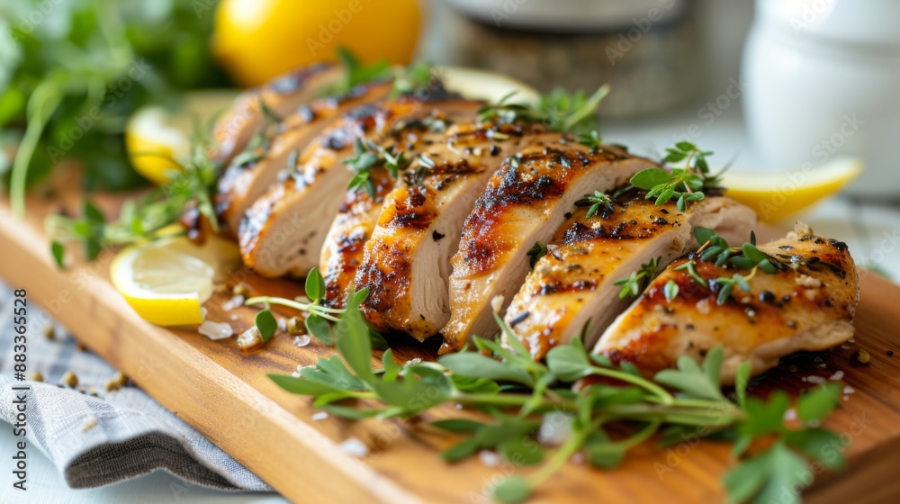 Juicy chicken breast grilled, sliced and served on a wooden cutting board Juicy chicken breast grilled, sliced and served on a wooden cutting board