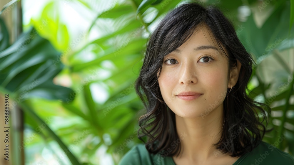 A serene woman with a calm expression posed in front of vibrant green foliage, exemplifying a moment of quiet introspection amid a lush environment A serene woman with a calm expression posed in front of vibrant green foliage, exemplifying a moment of quiet introspection amid a lush environment