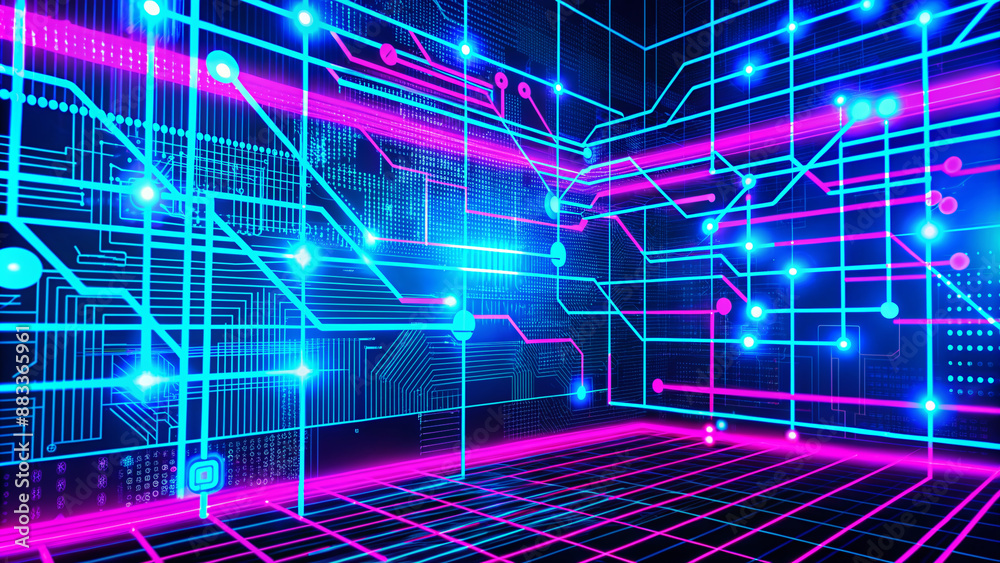 Obraz premium Vibrant blue digital network chart background with interconnected nodes, lines and circuits, representing modern technology, communication and data exchange in a futuristic atmosphere.