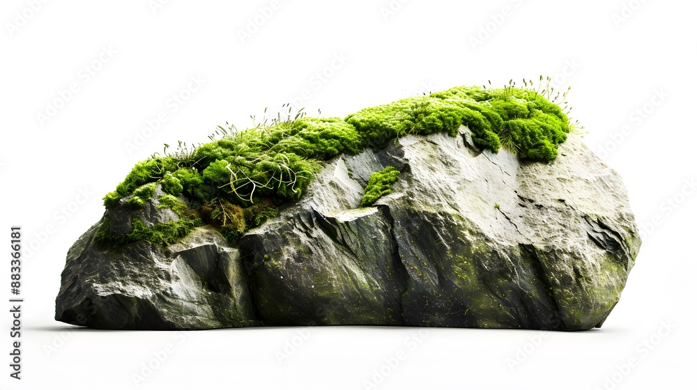 Large stone covered with green moss isolated on white background. Large stone covered with green moss isolated on white background.