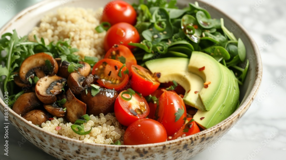 A vibrant vegan bowl filled with sauteed mushrooms, quinoa, avocado, cherry tomatoes, and fresh greens A vibrant vegan bowl filled with sauteed mushrooms, quinoa, avocado, cherry tomatoes, and fresh greens