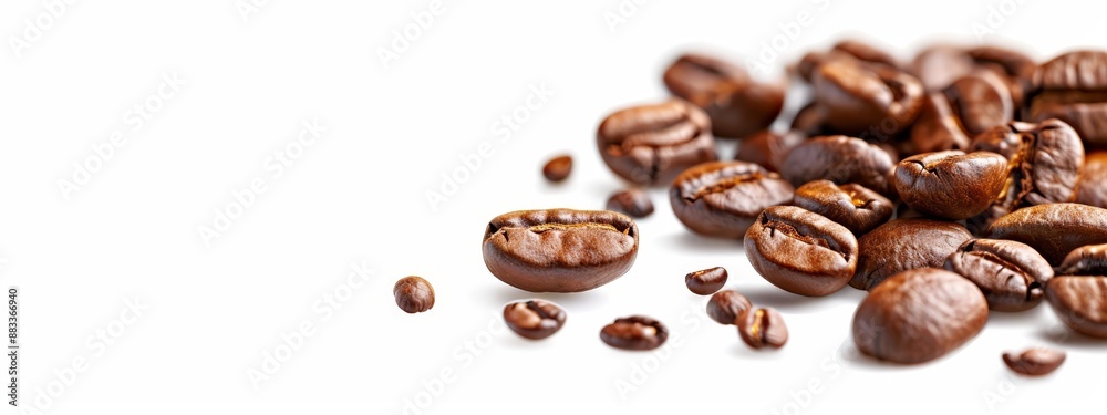 Obraz premium A stack of roasted coffee beans atop a white table, accompanied by another stack