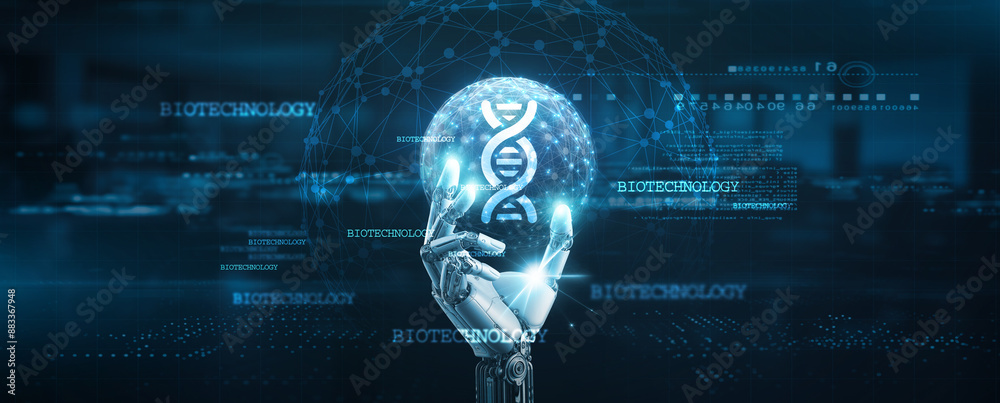 Biotechnology, Hands of robot hold biotechnology network connection ...