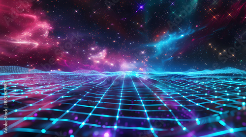 A neon futuristic digital grid in space with vibrant colors, stars, and glowing lines, creating a sci-fi atmosphere.