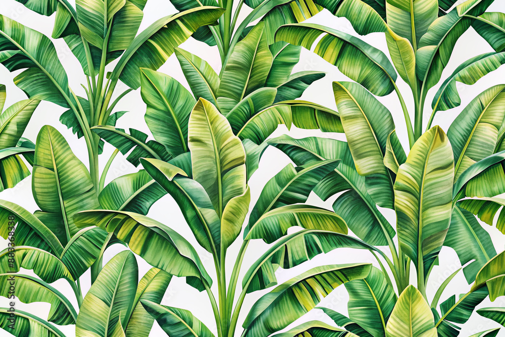 Φωτογραφία Vibrant seamless pattern of banana tree and leaves, a tropical plant with lush green foliage, isolated on a pure white background for endless design possibilities
